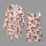 Custom Face Red Flowers Pajama Set Personalized Women's Pajama Robe&Camisole Sleep Dress