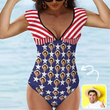 Custom Face Stripes & Stars V-Neck Ruffle 2-Piece Tankini Swimsuit