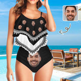 #Tankini Set #Double Ruffled Tankini Custom Husband Face Black Ruffle Tankini Personalized Bathing Suit Summer Swimsuit Women's High Waisted Double Ruffle Bikini Set