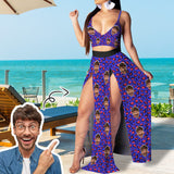 Custom Face Purple Leopard Women's Sexy Strap Deep V Neck 2 Piece Outfits Dress Crop Top High Split Maxi Dresses Skirt Set