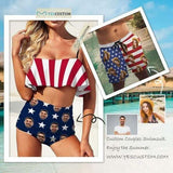 Custom Face Stripe Star Flag Couple Matching Print Swimsuit Women's Two Piece Bathing Suit High Waisted Design Men's Swim Shorts for Honeymoon