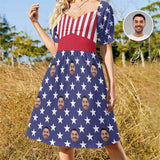 Independence Day Custom Face USA Flag Summer Short Sleeves Elastic Straps Dress Personalized Sundress Women's Dress