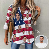 Custom Face US Flag Women's Hawaiian Shirts Casual Long Sleeve Women's Cropped Hem Shirt