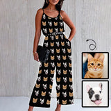 Custom Pet Faces Funny Women's Summer Casual Spaghetti Strap V Neck Oversized Wide Leg Jumpsuit Pockets Beach Travel Outfits