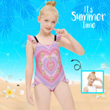 Custom Face Pink Heart Girls' Swimsuit One Piece Swimwear For Kids 6-12years