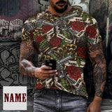 Slim Fit Cotton T-Shirt-Custom Name Rose Pistol Pure Cotton Slim Fit T-Shirt Personalized Men's All Over Print Short Sleeve T-Shirt