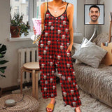 Persoanlized Sleepwear Custom Photo Funny Loungewear With Faces On Women's Buffalo Check Christmas Hat Suspender Jumpsuit Loungewear