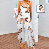 Persoanlized Sleepwear Custom Face Loungewear with Photo On Them Cat Shape Women's Suspender Jumpsuit Loungewear