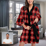 Custom Husband Face Buffalo Check Women's Summer Short Pajamas Personalized Photo Pajamas Kimono Robe