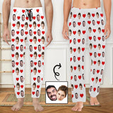 [More Comfortable]Custom Face Long Pajama Pants with Red Love Heart Personalized Men's Slumber Party Sleepwear