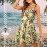 Custom Face Pink Flowers Green Leaves Women's Sling Dress