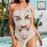 Custom Funny Face Swimwear Personalized Women's One Shoulder Ruffle One Piece Swimsuit