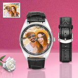 Men's Custom Couple Photo Casual Watch, Black Leather Strap