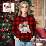 Custom Photo Ugly Sweater Christmas Red Black Stripes Design Women's All Over Print V-Neck Pullover Sweater Personalized Photo Ugly Christmas Sweater