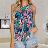 Personalized Face Tank Tops Tropical Plants Summer Halterneck Strapless Print Vest Shirt Women's Loose Top